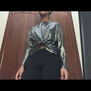 Metallic silver long sleeve shirt